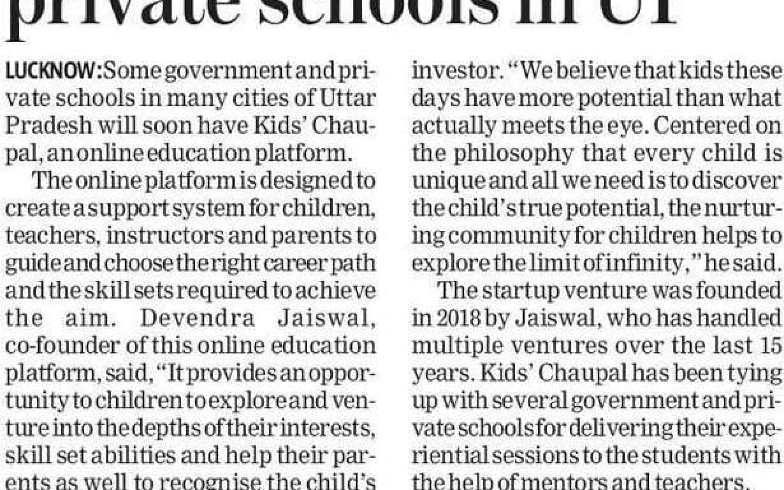 Coming soon: Kids' Chaupal in govt, private schools in UP