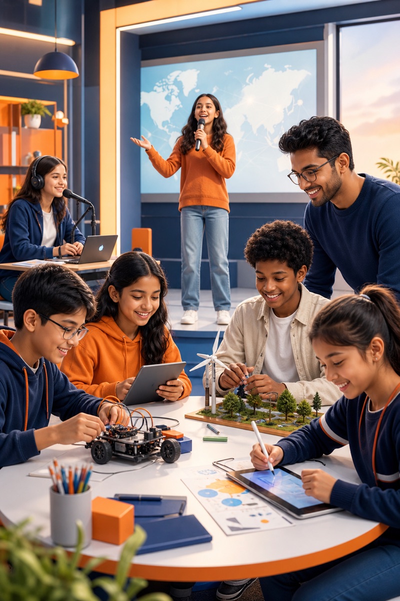 Diverse children at KidsChaupal learning future skills — robotics, creative projects, public speaking and mentor-led collaboration